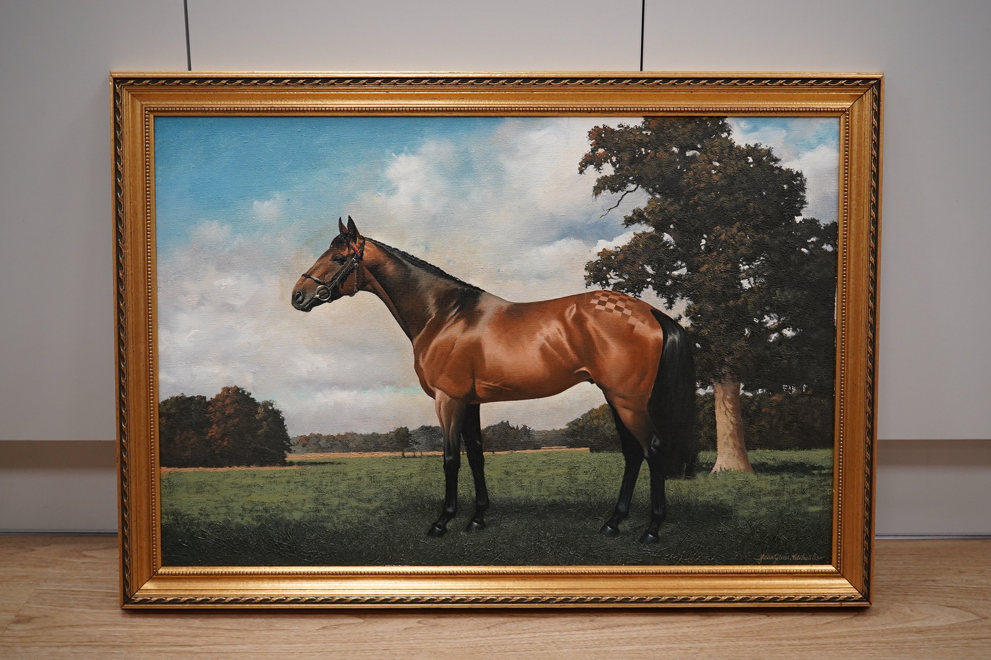 Jean Glenn Mitchell (20th. C), Equestrian interest, oil on canvas, Study of a racehorse, signed and dated '88, 50 x 75cm. Condition - fair, would benefit from a clean